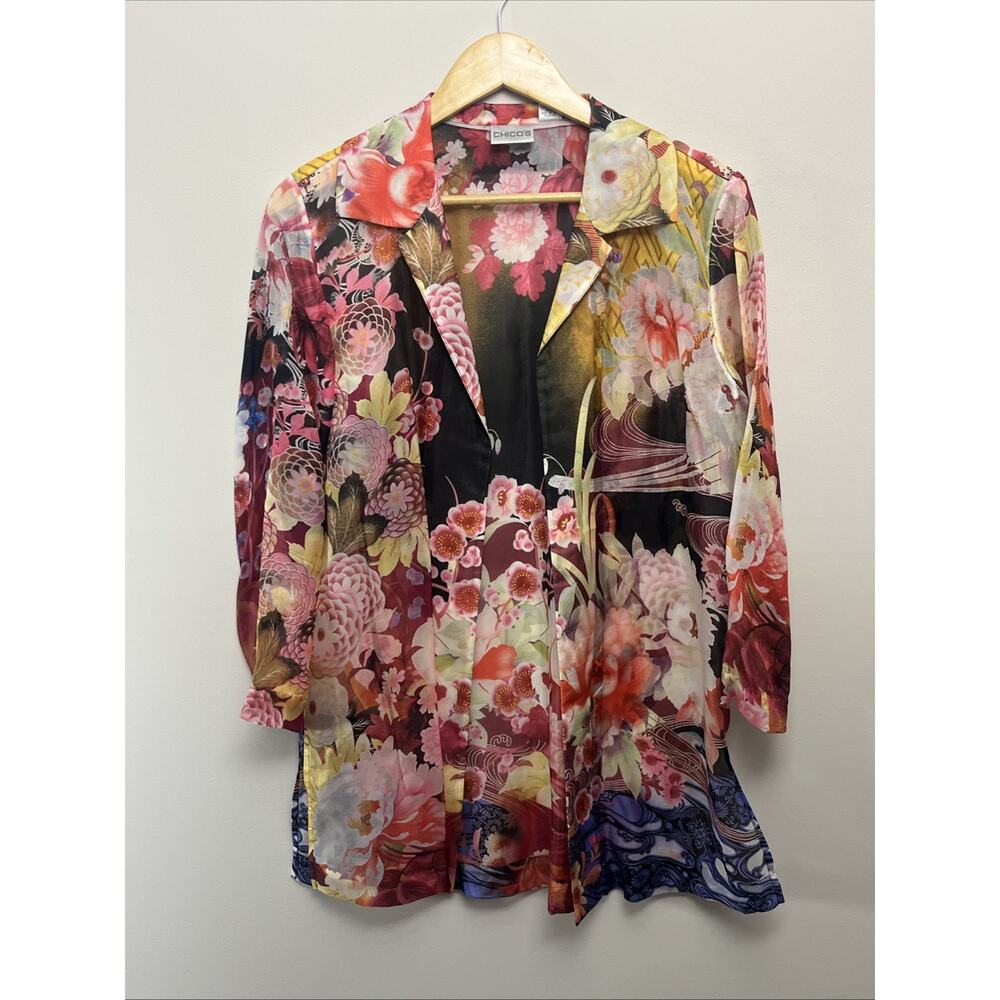 Chicos 100% Silk Jacket Open Tunic Chicos 1 Womens 7/8 Lightweight Kimono Sheer